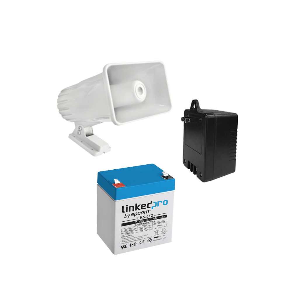 Kit de accesorios con Bateria 5.5 Ah, Transformador 16.5Vca  y sirena de 30 watts