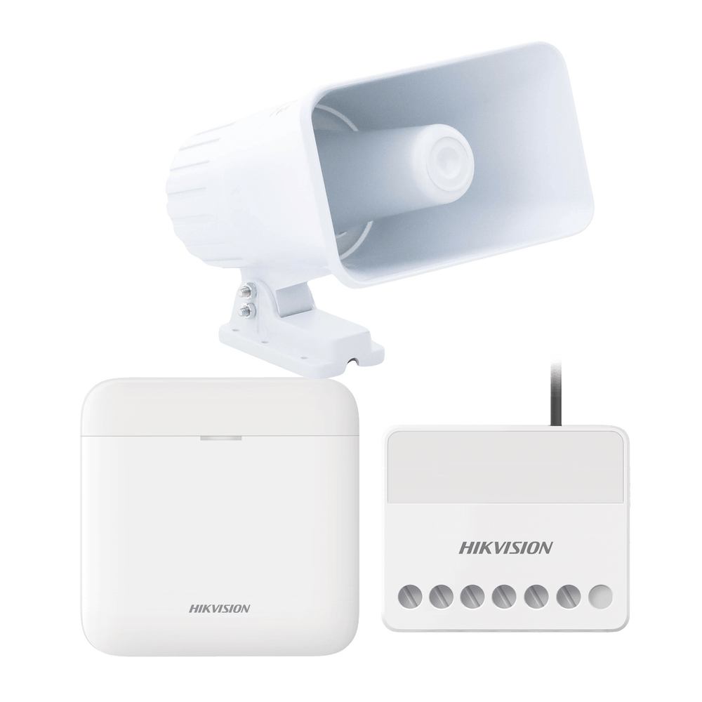 (AXPRO) KIT de alarma AX PRO con sirena cableada 30W / Incluye: 1 Hub con Batería de respaldo / 1 Sirena Cableada de 30 Watts IP65 / 1 Relevador Inalámbrico 0 a 36 VCC / Compatible con Hik-Connect P2P