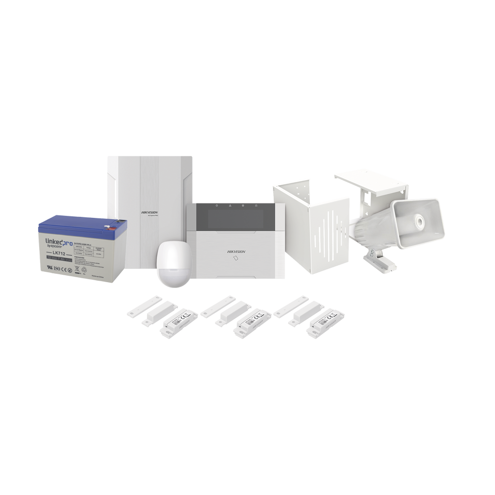 KIT Panel de Alarma AX HYBRID PRO / 1 Panel Híbrido / 1 Monitor LCD / 2 PIR / 3 Contactos Magnéticos / 1 Sirena / 1 Gabinete para Sirena / 1 Batería 12 vcc 7 Amp