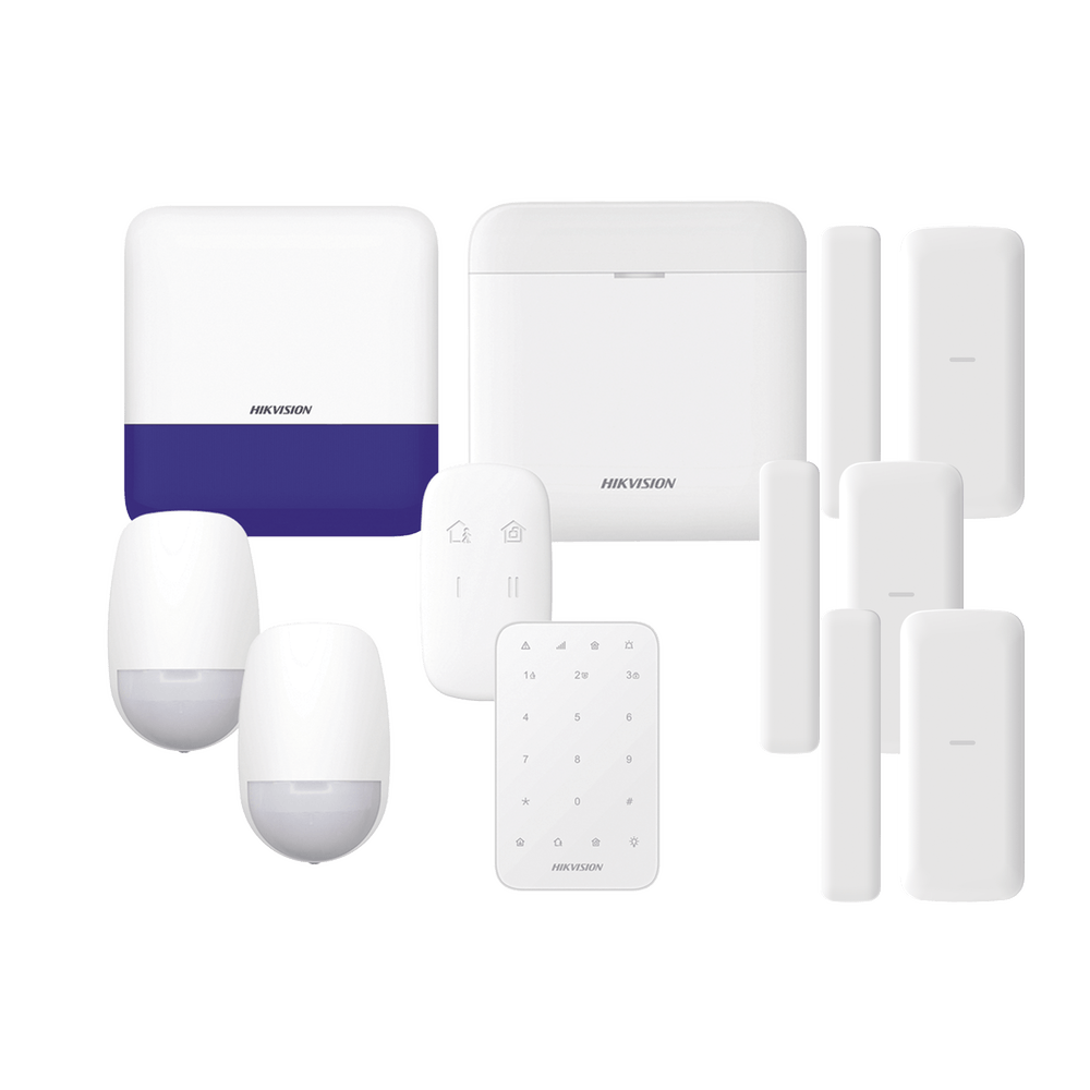 (AX PRO) KIT de Alarma AX PRO / Incluye: 1 Hub con batería de respaldo/ 2 Sensores PIR / 3 Contactos Magnéticos mini / 1 Control Remoto / 1 Sirena Inalambrica Exterior /1 Teclado Inalámbrico / WiFi / Compatible con Hik-Connect P2P