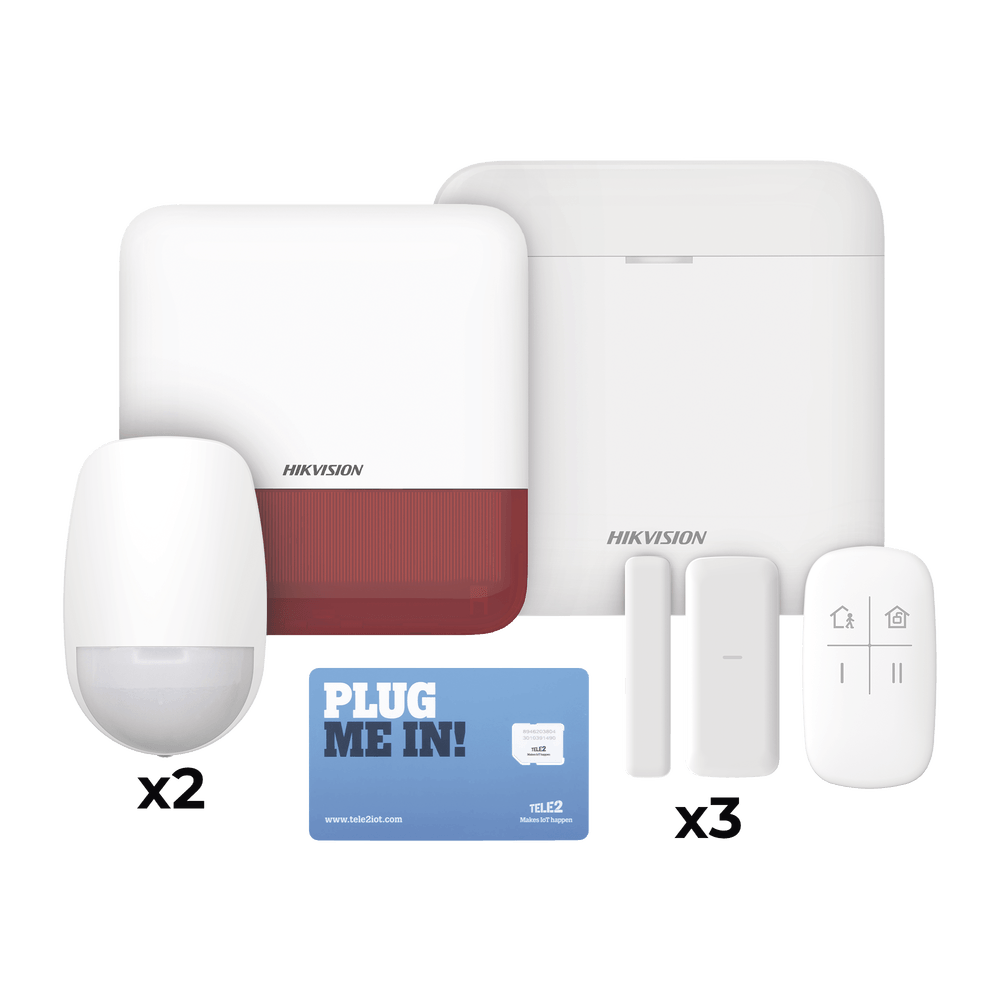 (AX PRO) KIT de Alarma AX PRO con GSM (3G/4G), Wi-Fi y Ethernet / Incluye: 1 Hub  con batería de respaldo / 2 Sensores PIR / 3 Contactos Magnéticos Slim / 1 Control Remoto / 1 Sirena Roja Inalambrica Exterior