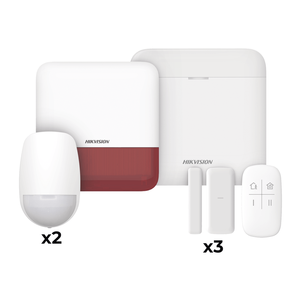 (AX PRO) KIT de Alarma AX PRO / Incluye: 1 Hub con batería de respaldo / 2 Sensores PIR / 3 Contactos Magnéticos mini / 1 Control Remoto / 1 Sirena Inalambrica Exterior color rojo  / WiFi / Compatible con Hik-Connect P2P