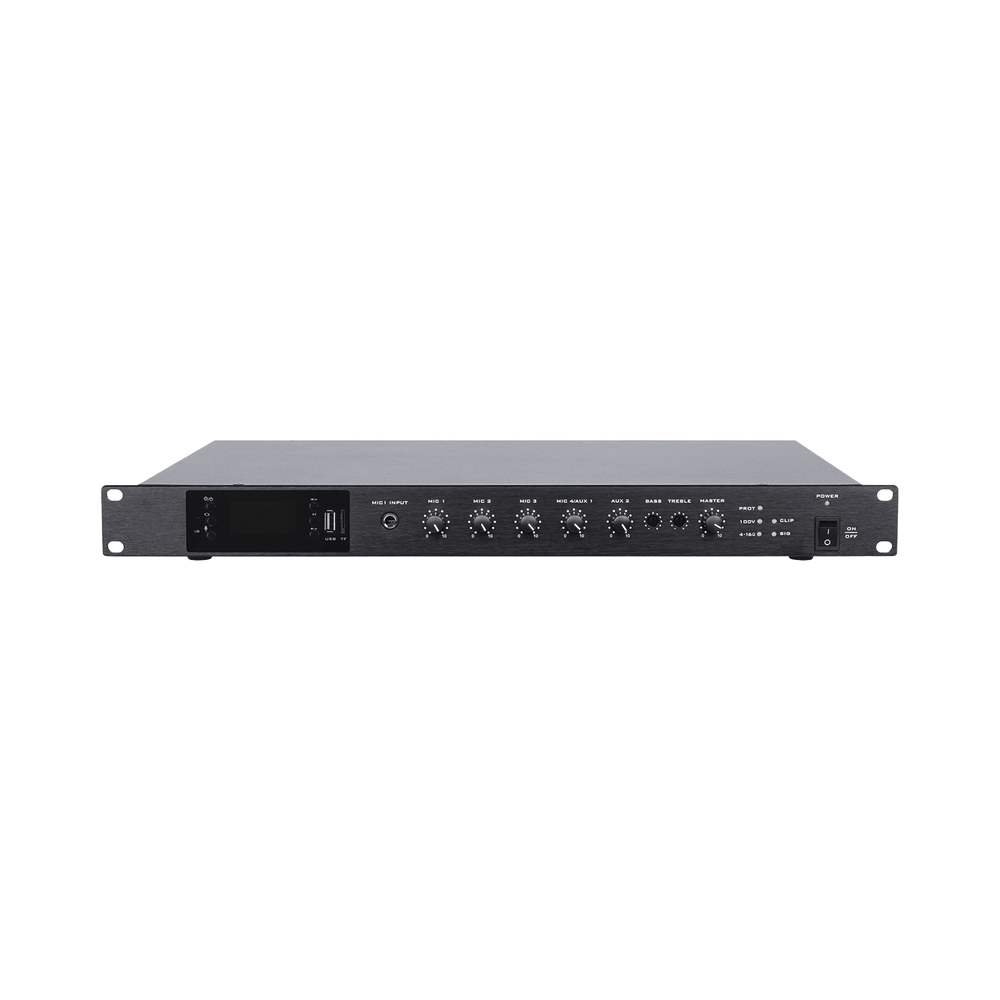 Amplificador de Audio | 1 canal | 350 W | Sistema 100V y Baja Impedancia | 4 Entradas de Micrófono Balanceadas | Bluetooth | USB | SD | FM | Montaje en Rack