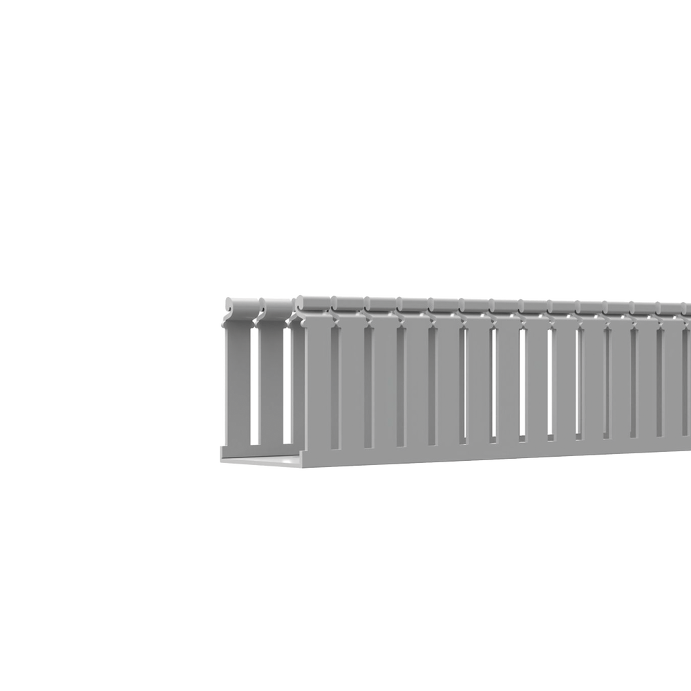 Canaleta Ranurada de PVC con Tapa, Tipo F, 108 mm de Ancho, 79.2 mm de Alto y 2 m de Largo, Color Gris