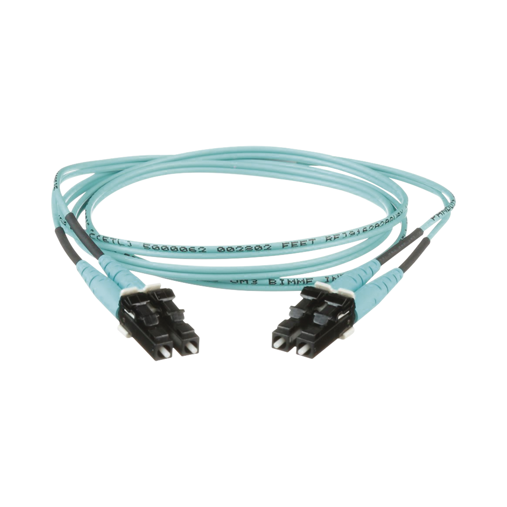 Jumper de Fibra Optica Multimodo 50/125 OM3, LC-LC Duplex, OFNR (Riser), Color Aqua, 1 Metro (3.28 Pies)