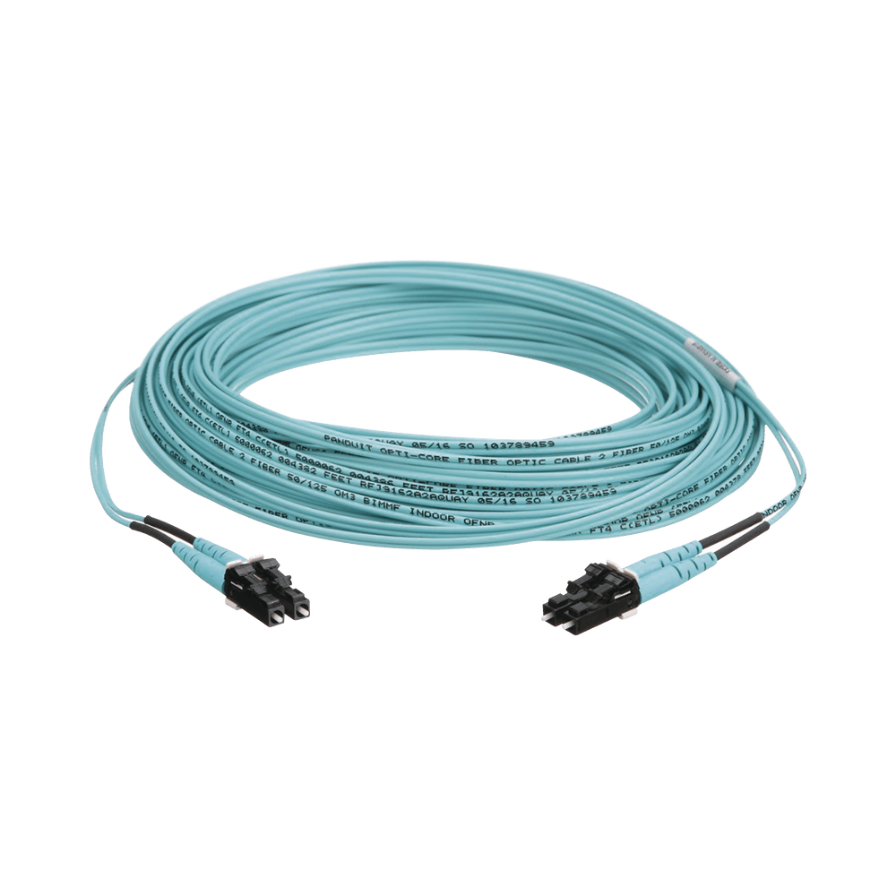 Jumper de Fibra Optica Multimodo 50/125 OM3, LC-LC Duplex, OFNR (Riser), Color Aqua, 15 Metros (49.21 Pies)