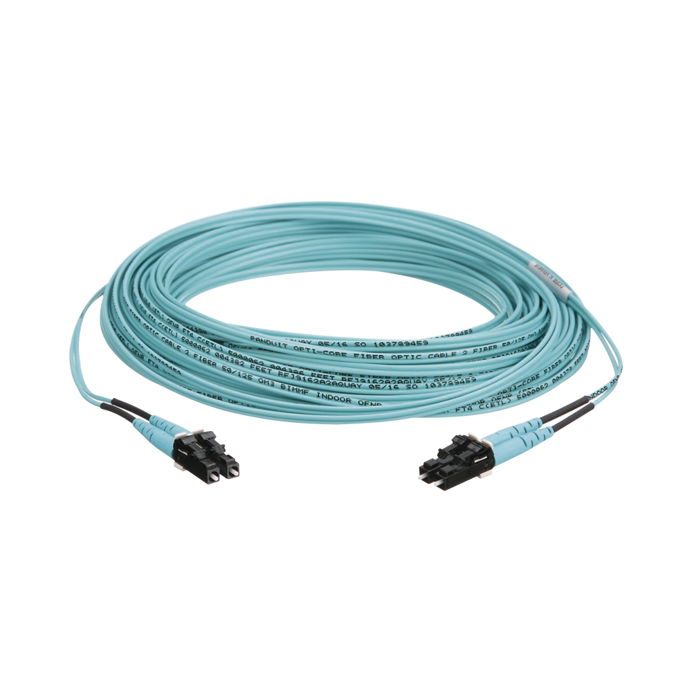 Jumper de Fibra Optica Multimodo 50/125 OM3, LC-LC Duplex, OFNR (Riser), Color Aqua, 30 Metros (98.43 Pies)