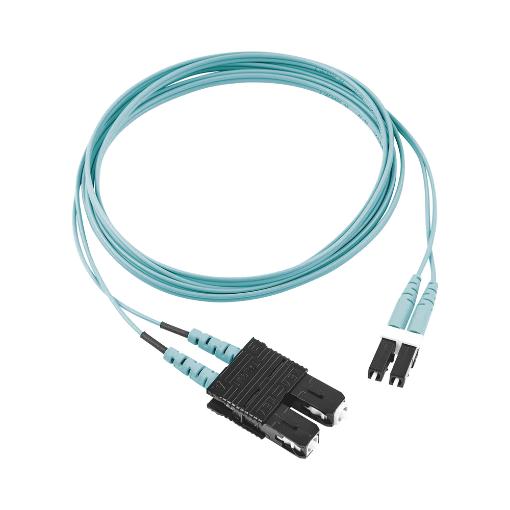 Jumper de Fibra Optica Multimodo 50/125 OM3, LC-SC Duplex, OFNR (Riser), Color Aqua, 30 Metros (98.43 Pies)