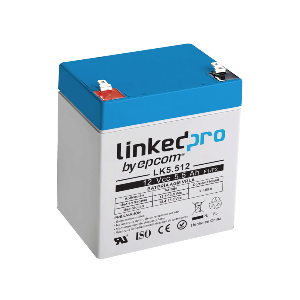Batería 12 V 5.5 Ah AGM | Certificada UL94-HB Resistencia a la flama básica | Especial para Seguridad Electrónica | Vida útil 5 años | Terminales F1  + Adaptador F2