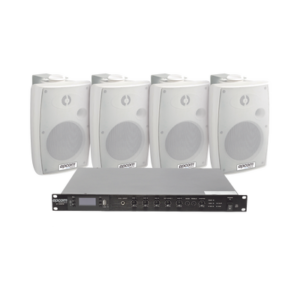 KIT de Amplificador de Audio 120W para Rack | 4 Altavoces de Pared color Blanco 2.5W - 20W | Sistema 70/100V