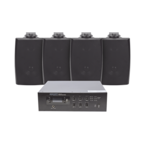 KIT de Amplificador de 120W para Escritorio | 4 Altavoces de Pared color Negro 2.5W - 20W | Sistema 70/100V