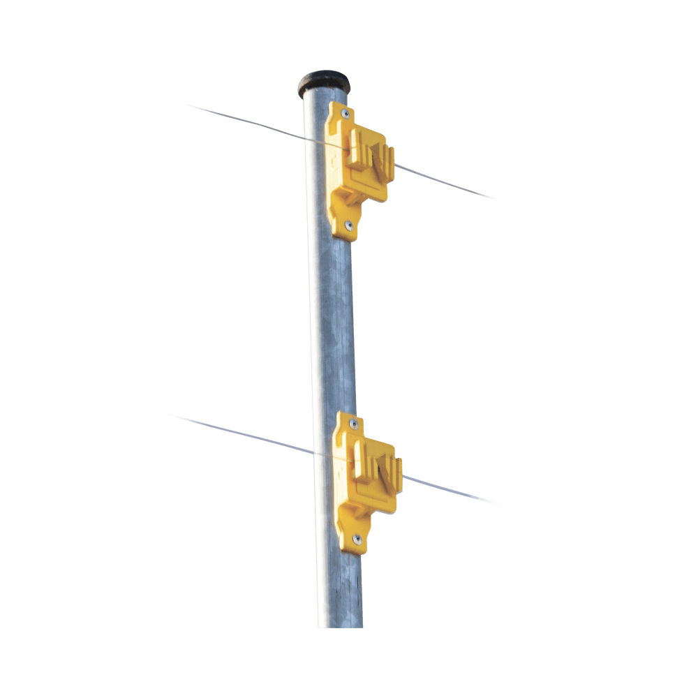 Aislador de Paso color Amarillo reforzado para cercos eléctricos, resistente al clima extremoso