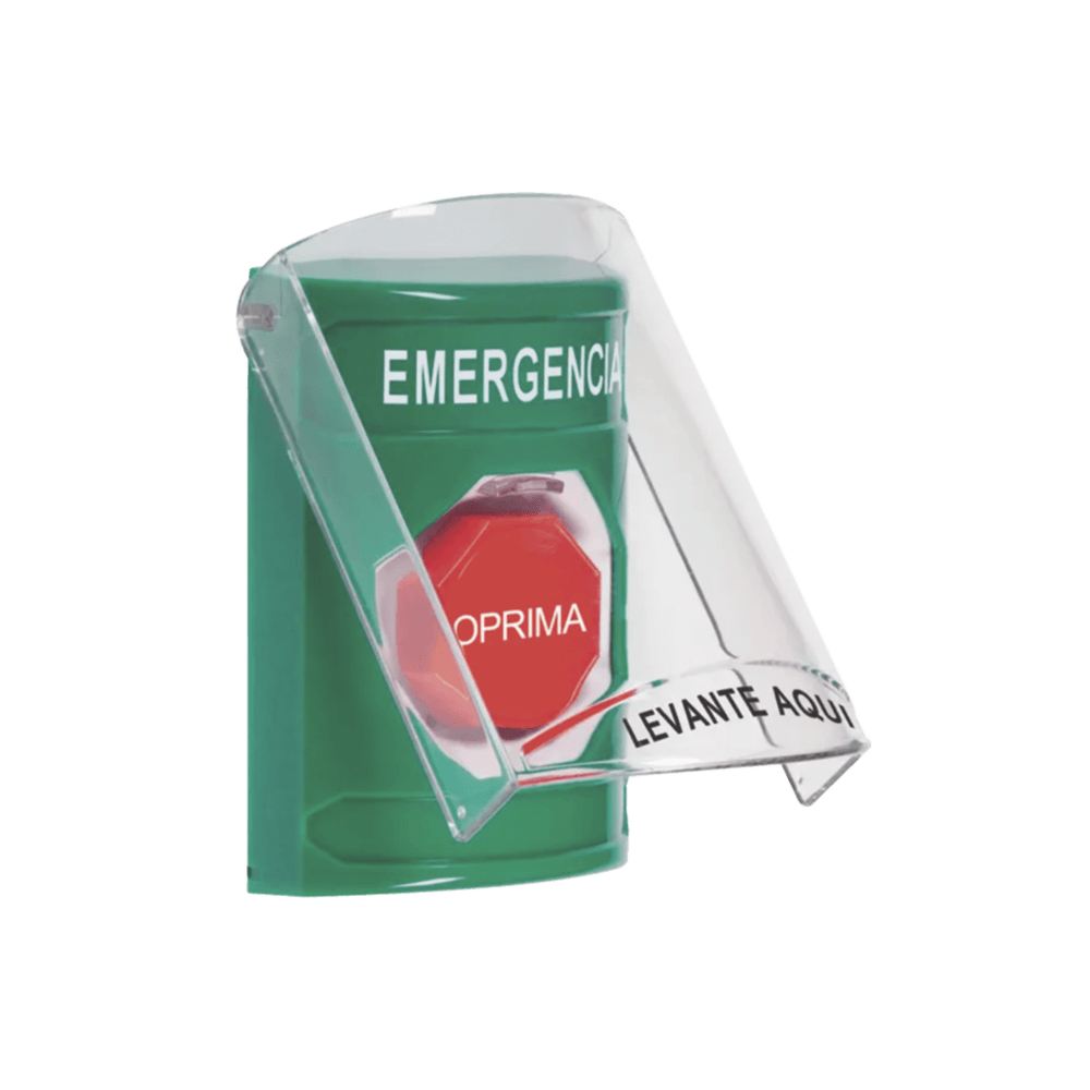 ??Botón Multipropósito, Color Verde, De Superficie, Con Tapa De Policarbonato, Con Bocina Pre Alarma, Solo Interior, Llave Para Restablecer, Texto De Emergencia, Español
