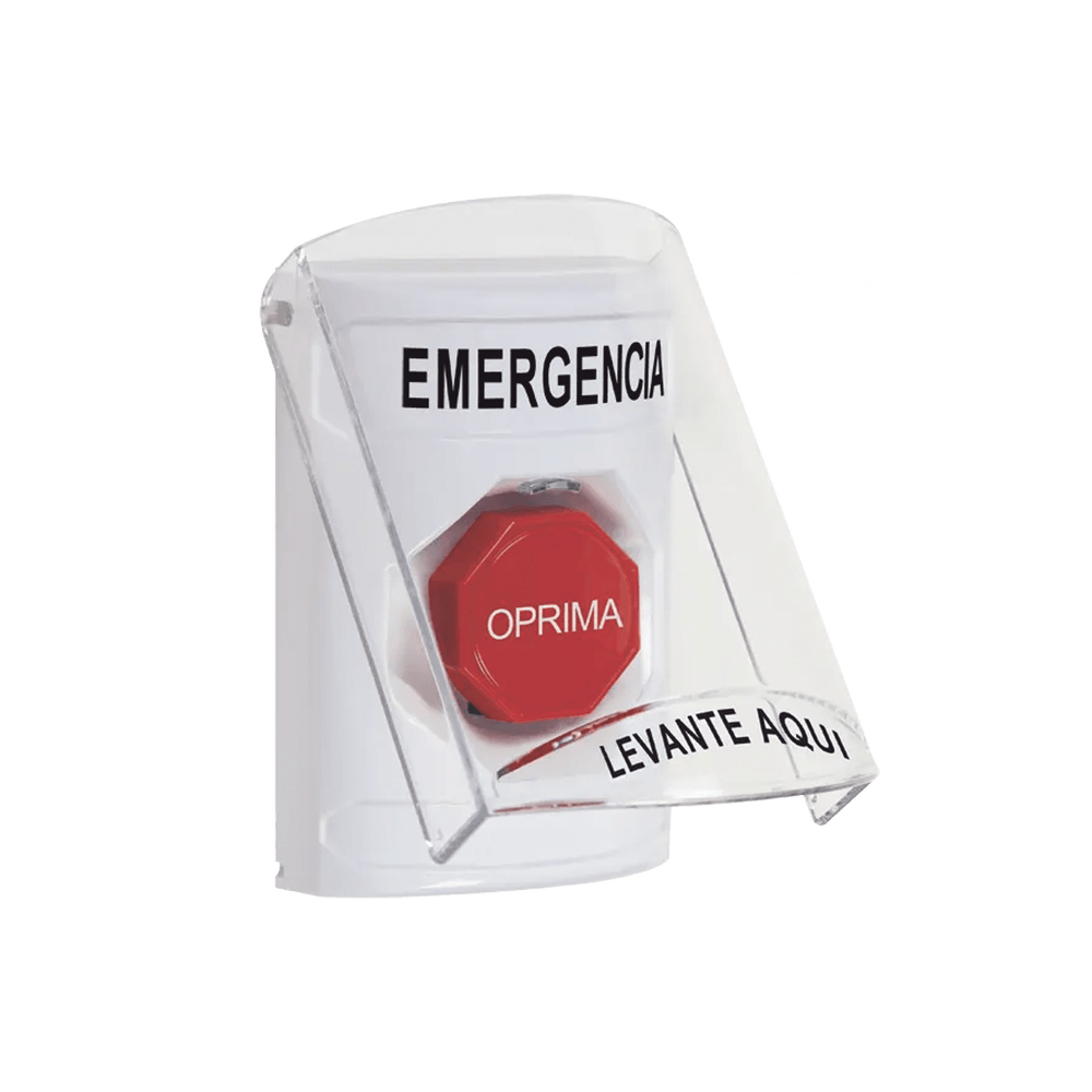 ?Botón Multipropósito, Color Blanco, De Superficie, Con Tapa De Policarbonato, Con Bocina Pre Alarma, Solo Interior, Llave Para Restablecer, Texto De Emergencia, Español