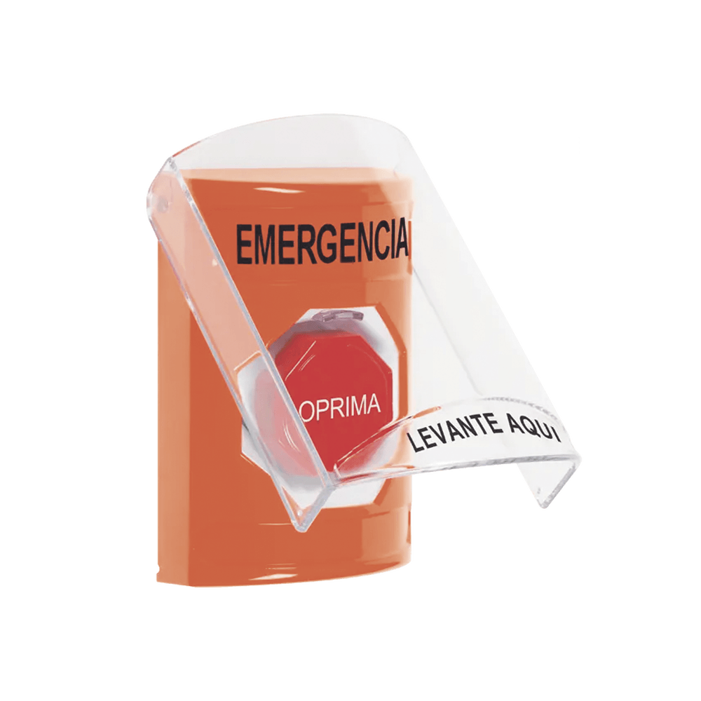 ?Botón Multipropósito, Color Naranja, De Superficie, Con Tapa De Policarbonato, Con Bocina Pre Alarma, Solo Interior, Llave Para Restablecer, Texto De Emergencia, Español