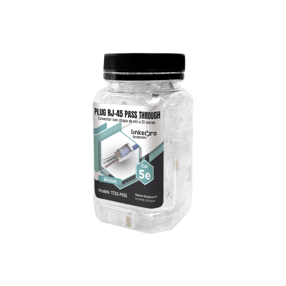 Bote con 100 Plugs Pass Through RJ45 Cat5e Blindado, Chapado de Oro a 30 Micras para Durabilidad Extrema