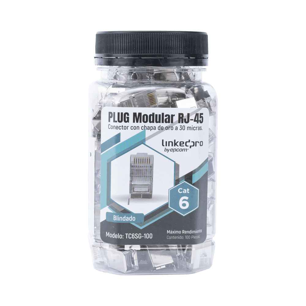 Bote con 100 Piezas de Plug Modular RJ45 Cat6 Blindado con Pin de Tierra, Chapado de Oro a 30 Micras para Durabilidad Extrema