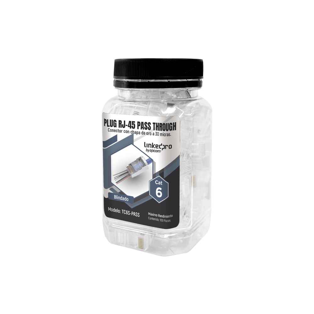 Bote con 100 Plugs Pass Through RJ45 Cat6 Blindado Chapado de Oro a 30 Micras para Durabilidad Extrema