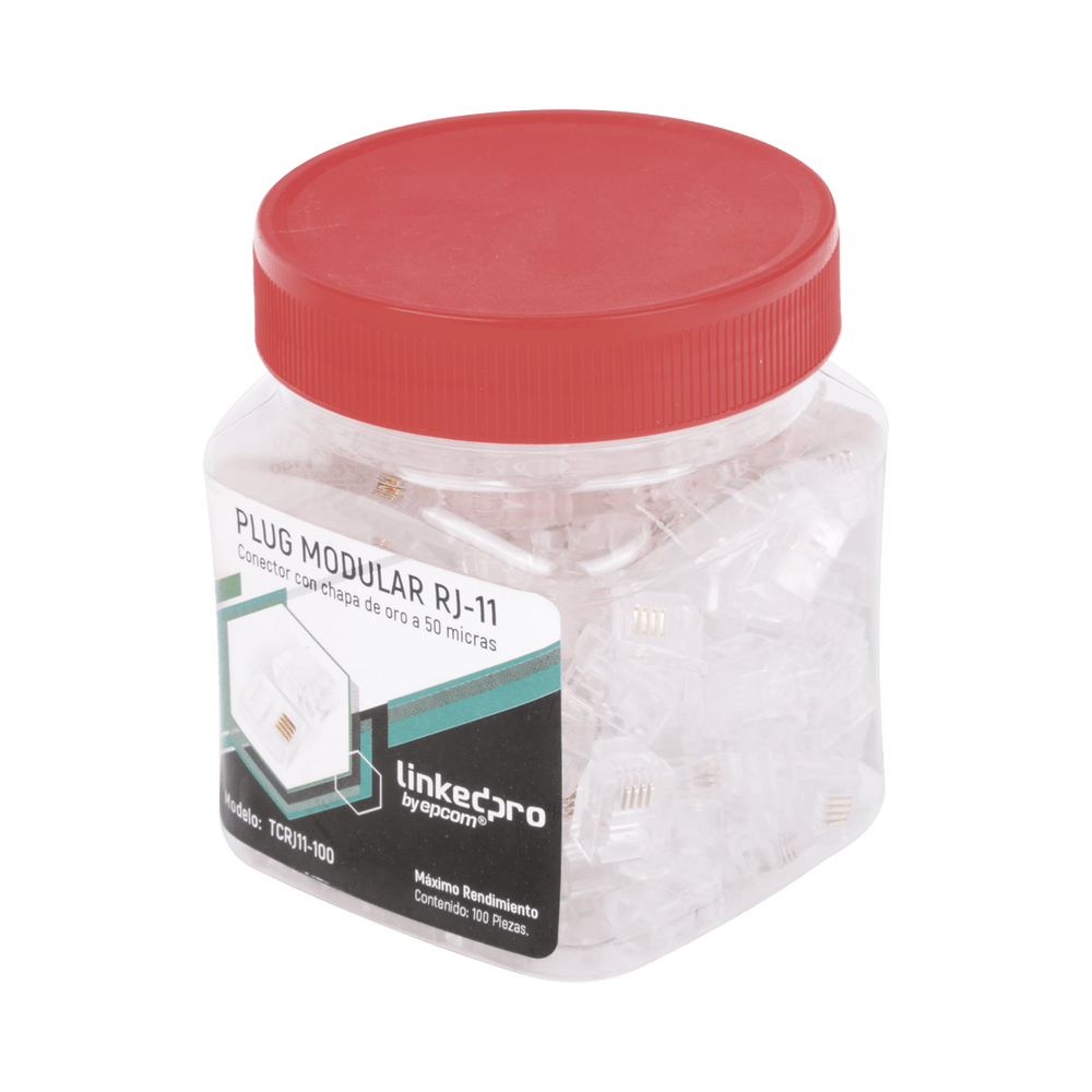 Bote con 100 Piezas de Plug Modular Tipo RJ11 de 4 Contactos Chapado de Oro a 50 Micras