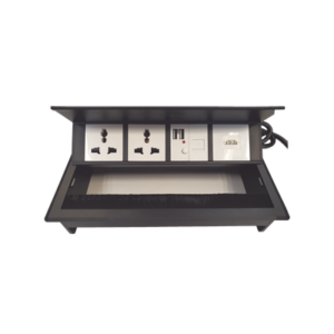 Caja Horizontal Tipo Hub para Escritorio Color Negro, con 1 Puerto HDMI Hembra-Hembra, 1 Puerto RJ45 Cat6, 2 Puertos USB (Solo Carga), y 2 Contactos Eléctricos Universales
