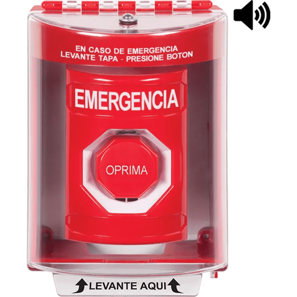 ?Botón Multipropósito, Color Rojo, De Superficie con Espaciador, C/Tapa De Policarbonato, C/Bocina Pre Alarma, Interior/Exterior, Llave Para Restablecer, Texto De Emergencia, Español