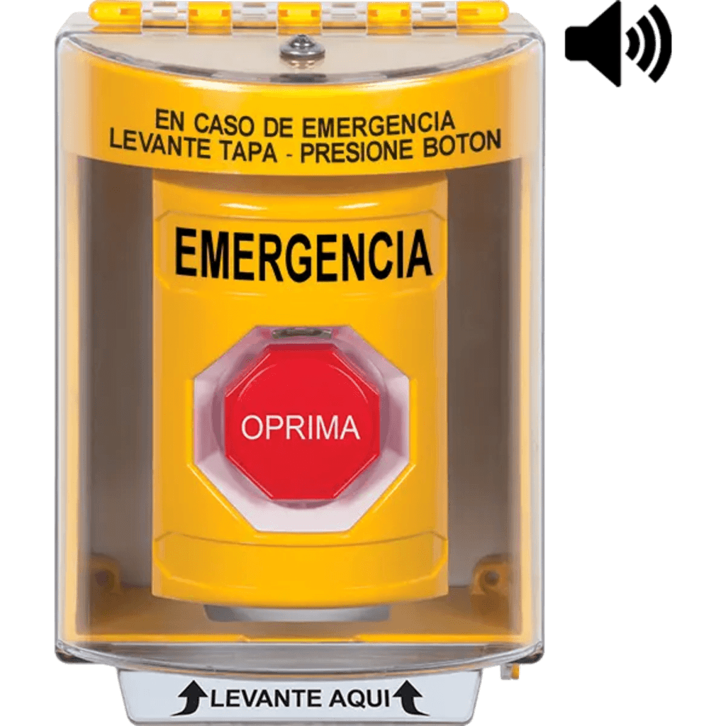 ?Botón Multipropósito, Color Amarillo, De Superficie con Espaciador, C/Tapa De Policarbonato, C/Bocina Pre Alarma, Interior/Exterior, Llave Para Restablecer, Texto De Emergencia, Español