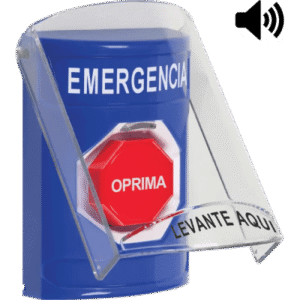 ​Botón Multipropósito, Color Azul, De Superficie, Con Tapa De Policarbonato, Con Bocina Pre Alarma, Solo Interior, Llave Para Restablecer, Texto De Emergencia, Español